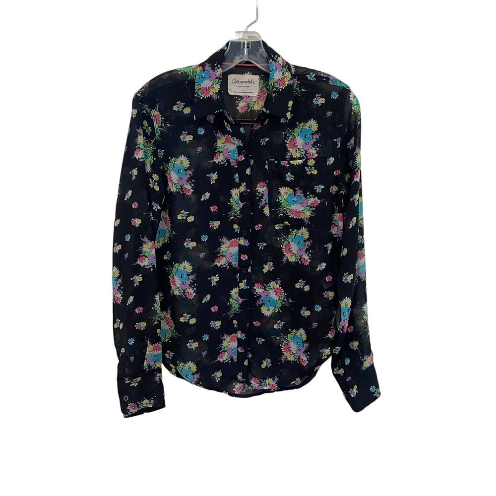Aeropostale Black Sheer Floral Blouse Sz S